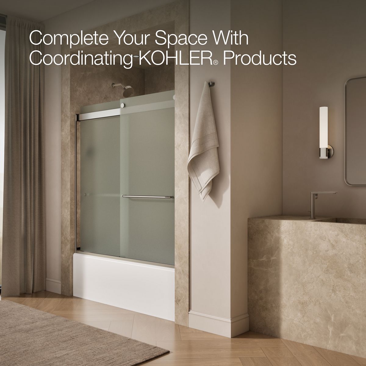 KOHLER K-706004-D3 Levity Sliding bath door, 62" H x 56-5/8 - 59-5/8" W, with 1/4" thick Frosted glass