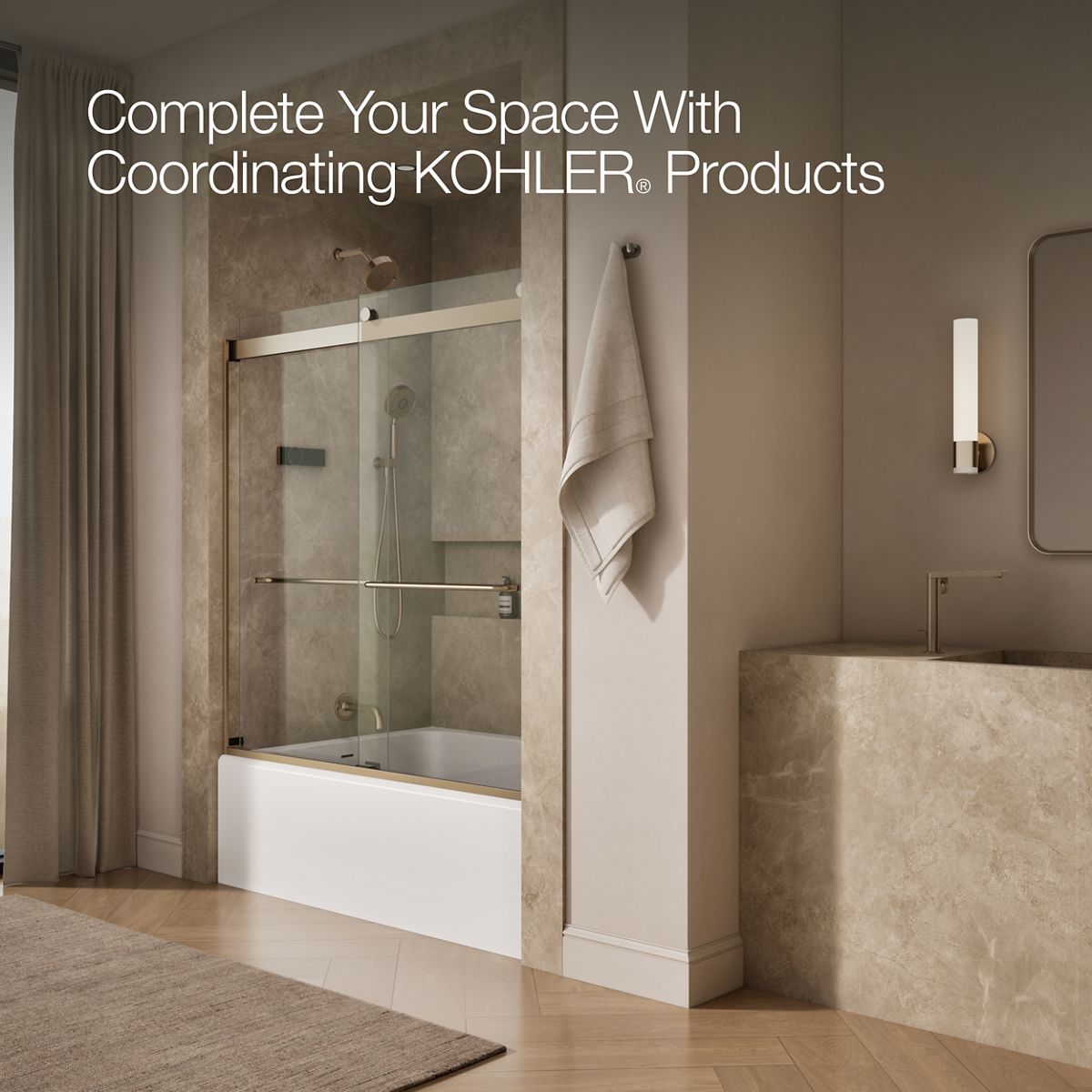 KOHLER K-706004-L Levity Sliding bath door, 62" H x 56-5/8 - 59-5/8" W, with 1/4" thick Crystal Clear glass