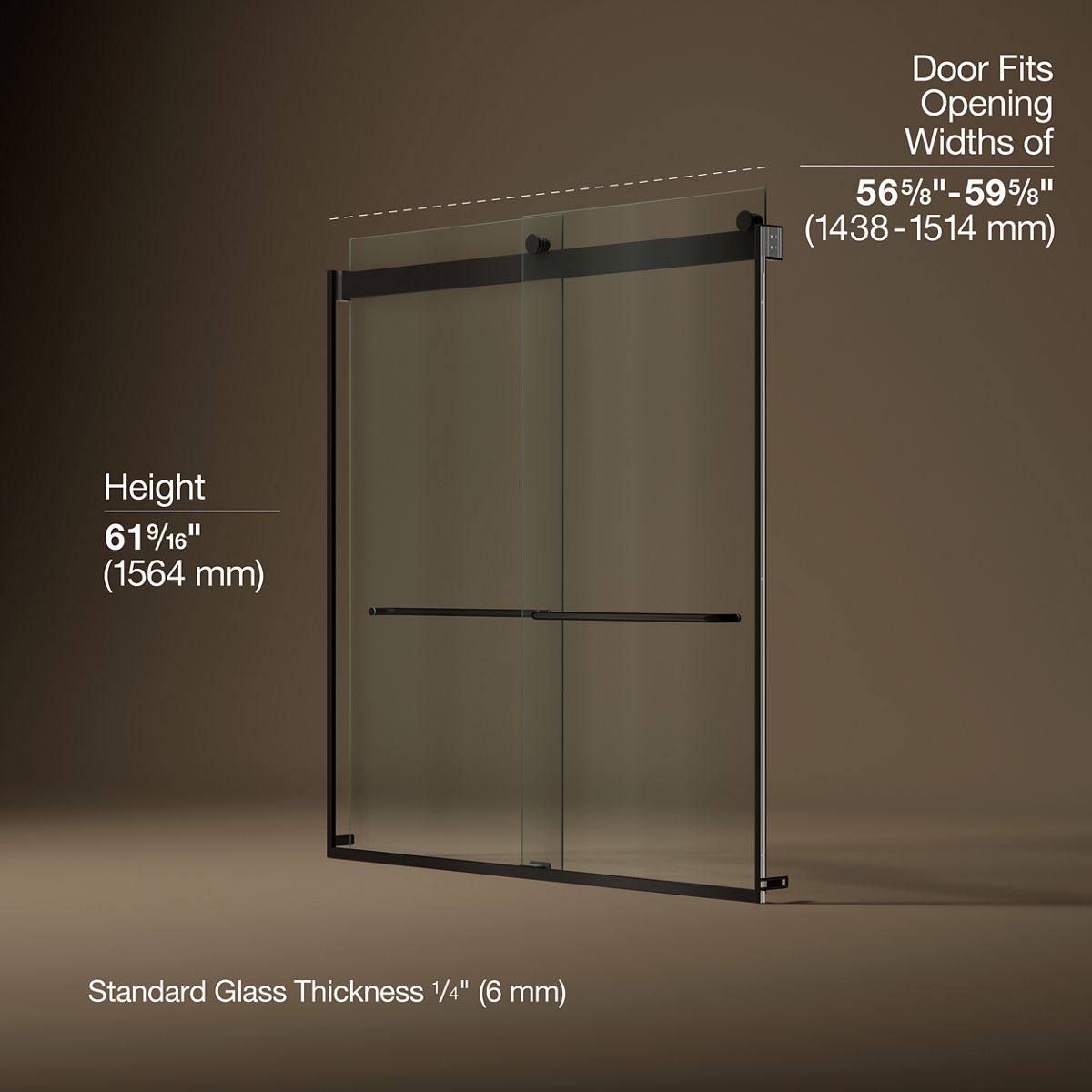 KOHLER K-706004-L Levity Sliding bath door, 62" H x 56-5/8 - 59-5/8" W, with 1/4" thick Crystal Clear glass