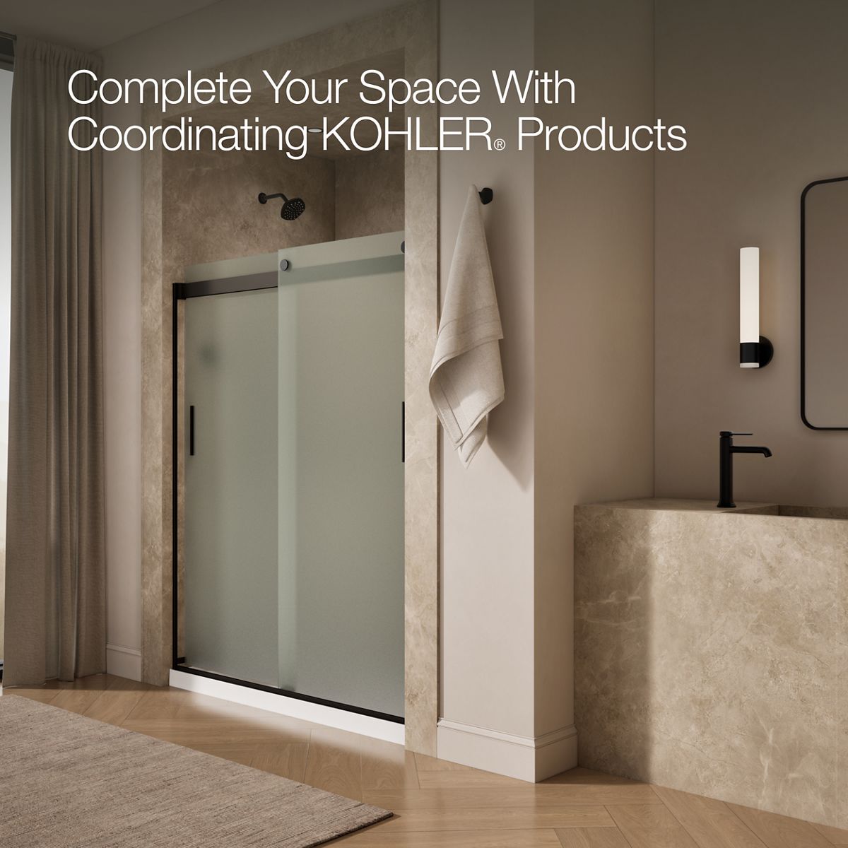 KOHLER K-706009-D3 Levity Sliding shower door, 74" H x 56-5/8 - 59-5/8" W, with 1/4" thick Frosted glass and blade handles