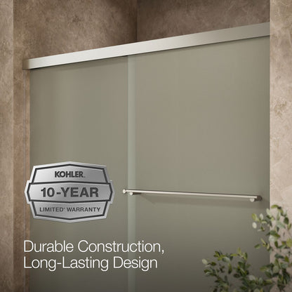 KOHLER K-707000-D3 Revel Sliding bath door, 55-1/2" H x 56-5/8 - 59-5/8" W, with 1/4" thick Frosted glass