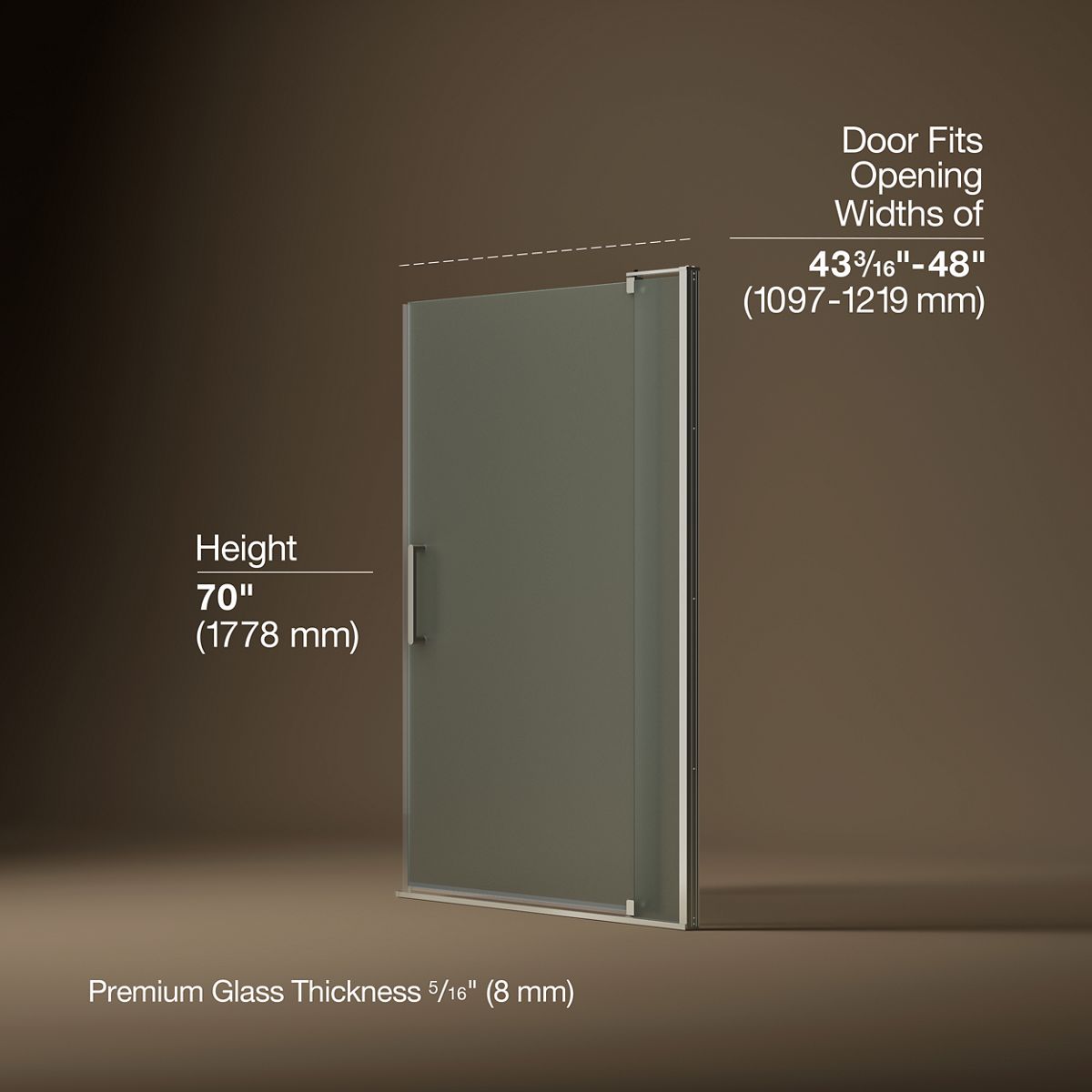 KOHLER K-707551-D3 Revel Pivot shower door, 70" H x 43-1/8 - 48" W, with 5/16" thick Frosted glass