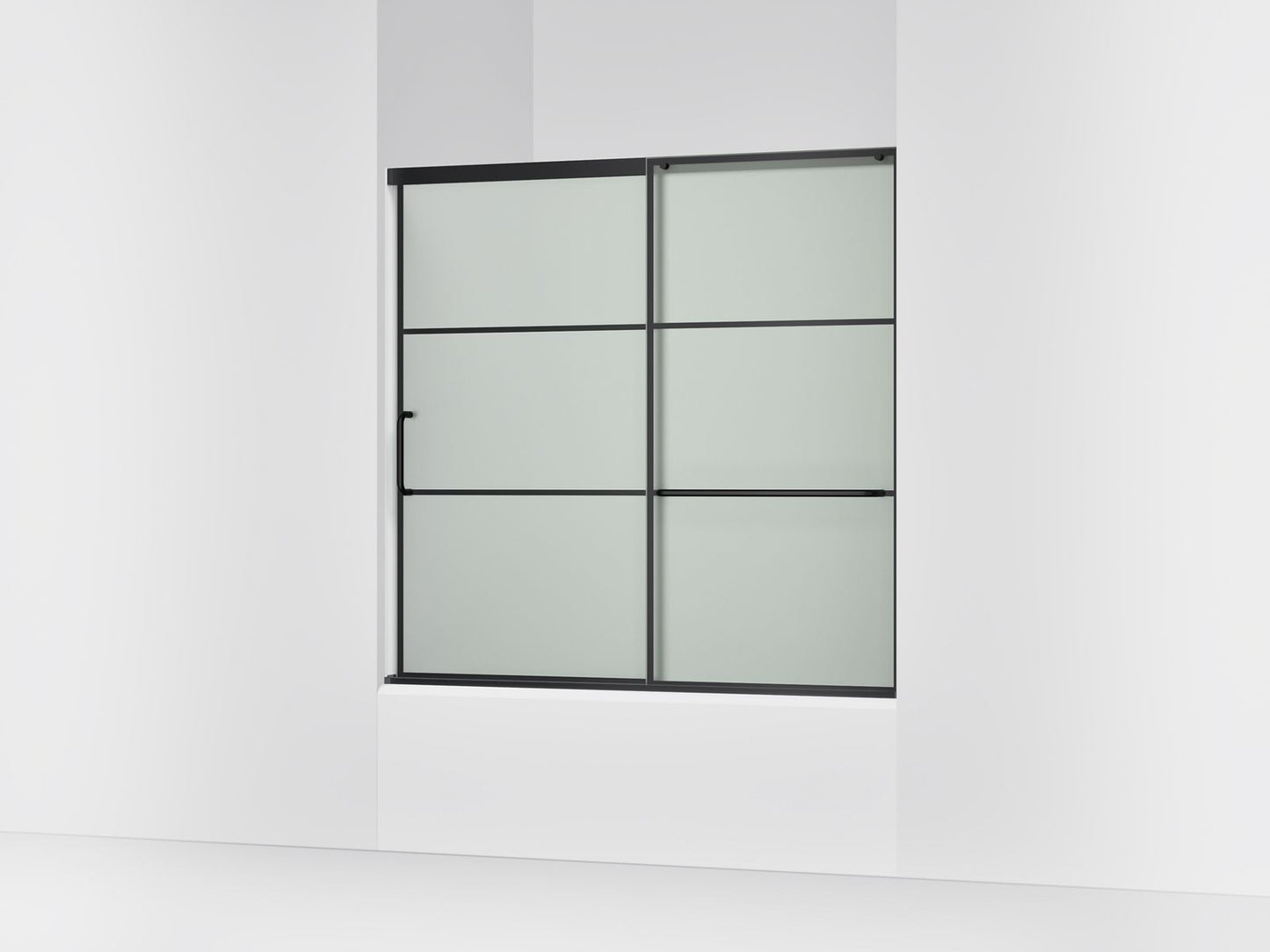 KOHLER K-707609-6G80 Elate Sliding bath door, 56-3/4" H x 56-1/4 - 59-5/8" W, with 1/4" thick Frosted glass with rectangular grille pattern