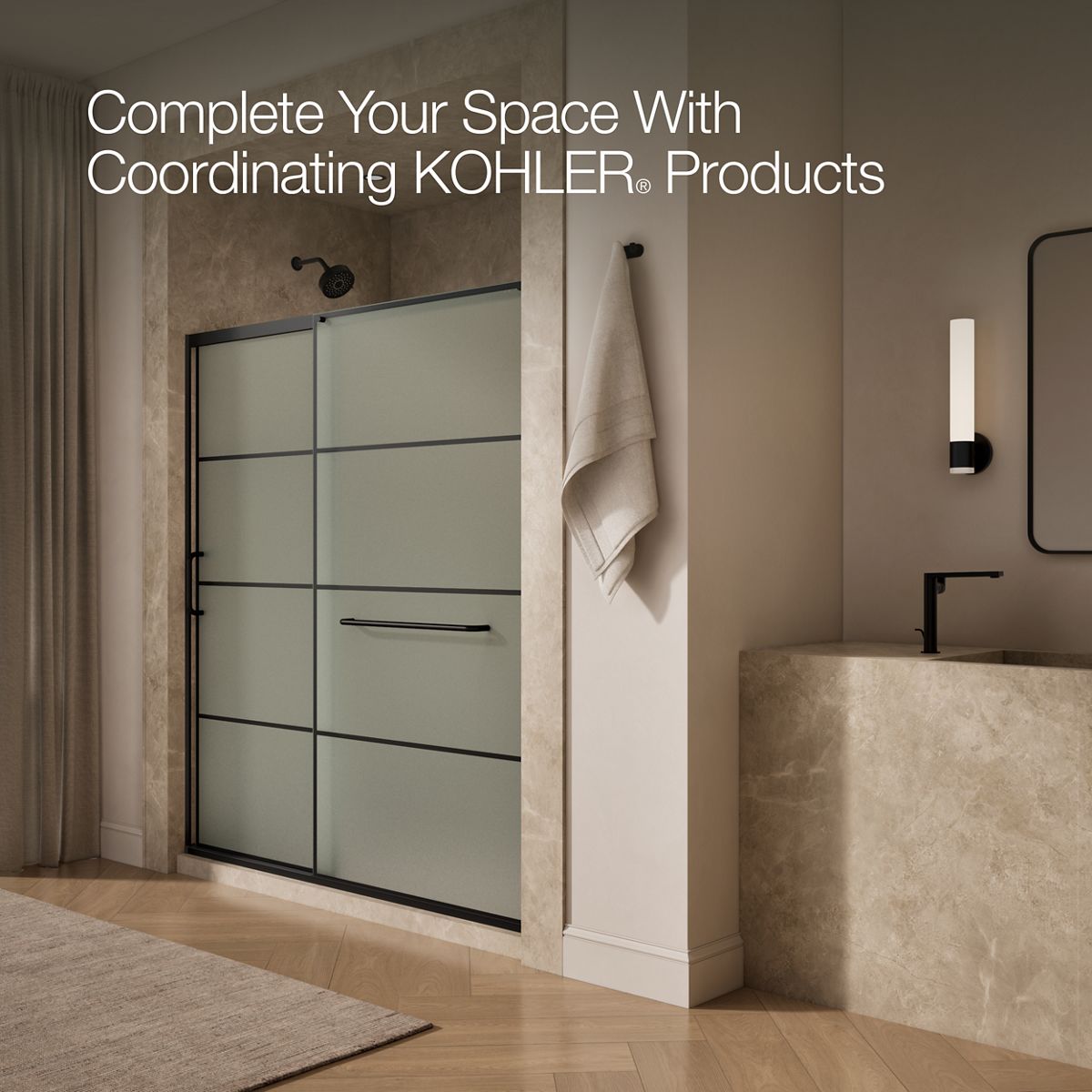KOHLER K-707617-8G80 Elate Sliding shower door, 75-1/2" H x 68-1/4 - 71-5/8" W, with heavy 5/16" thick Frosted glass with rectangular grille pattern