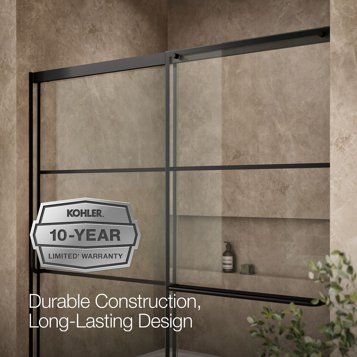 KOHLER K-707618-8G79 Elate Sliding bath door, 56-3/4" H x 56-1/4 - 59-5/8" W with heavy 5/16" thick Crystal Clear glass with rectangular grille pattern