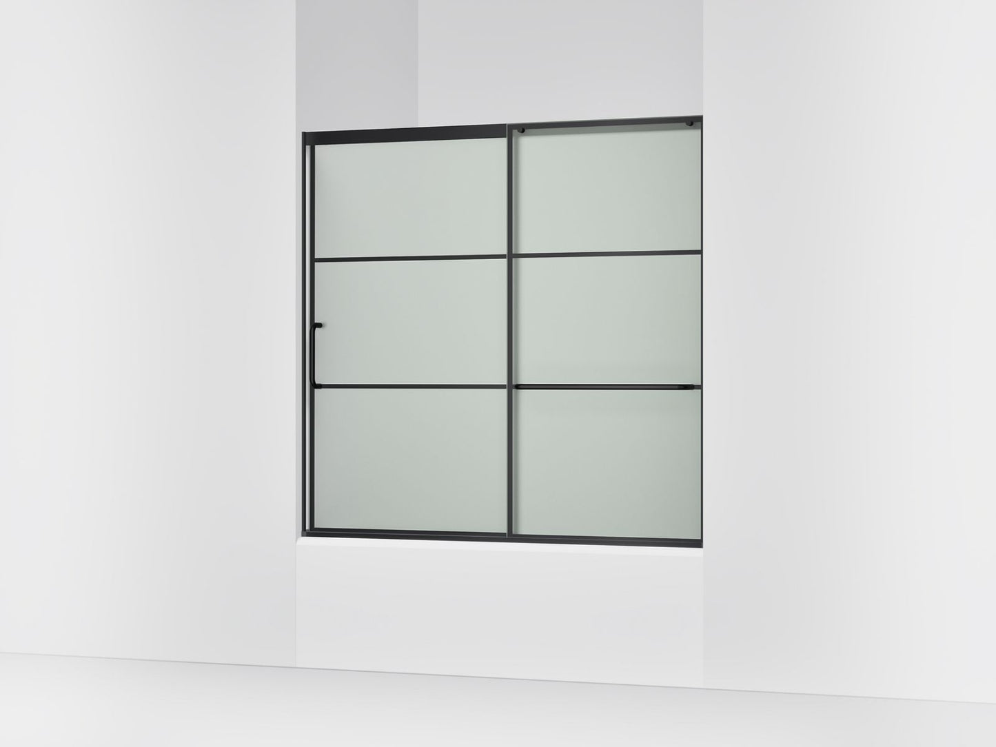 KOHLER K-707618-8G80 Elate Sliding bath door, 56-3/4" H x 56-1/4 - 59-5/8" W with heavy 5/16" thick Frosted glass with rectangular grille pattern