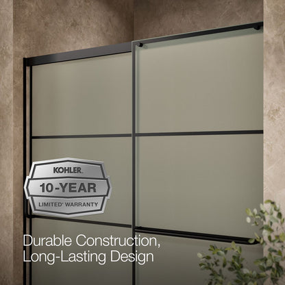 KOHLER K-707618-8G80 Elate Sliding bath door, 56-3/4" H x 56-1/4 - 59-5/8" W with heavy 5/16" thick Frosted glass with rectangular grille pattern