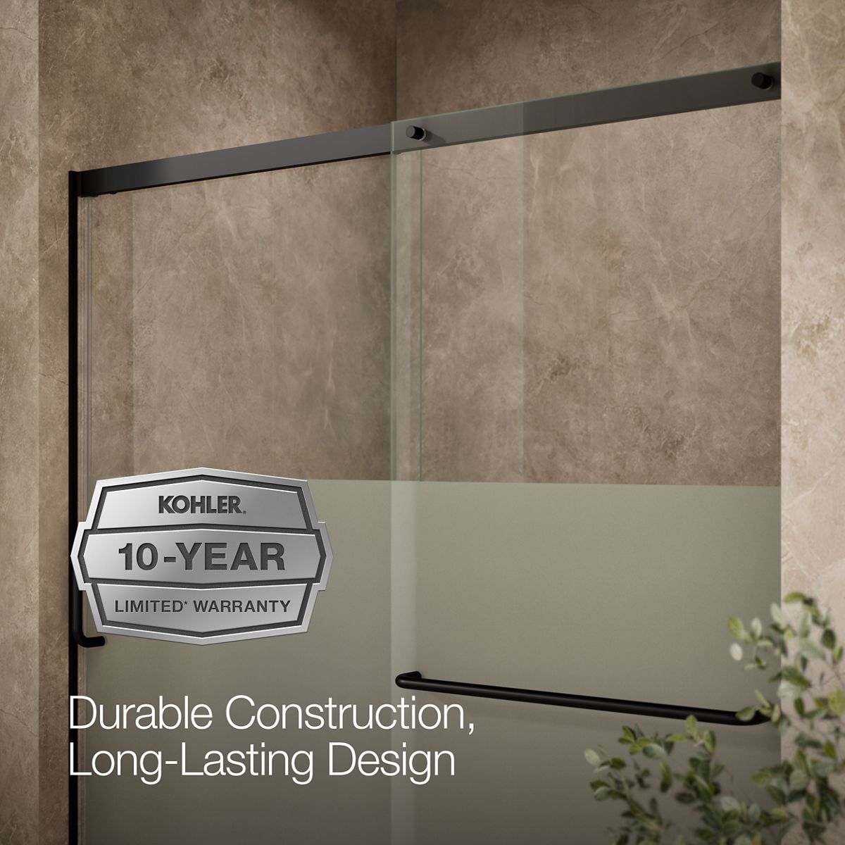 KOHLER K-707618-8G81 Elate Sliding bath door, 56-3/4" H x 56-1/4 - 59-5/8" W with heavy 5/16" thick Crystal Clear glass with privacy band