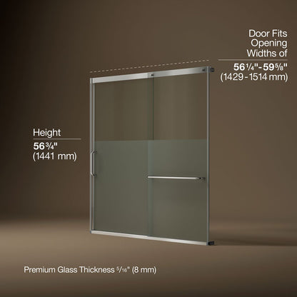 KOHLER K-707618-8G81 Elate Sliding bath door, 56-3/4" H x 56-1/4 - 59-5/8" W with heavy 5/16" thick Crystal Clear glass with privacy band