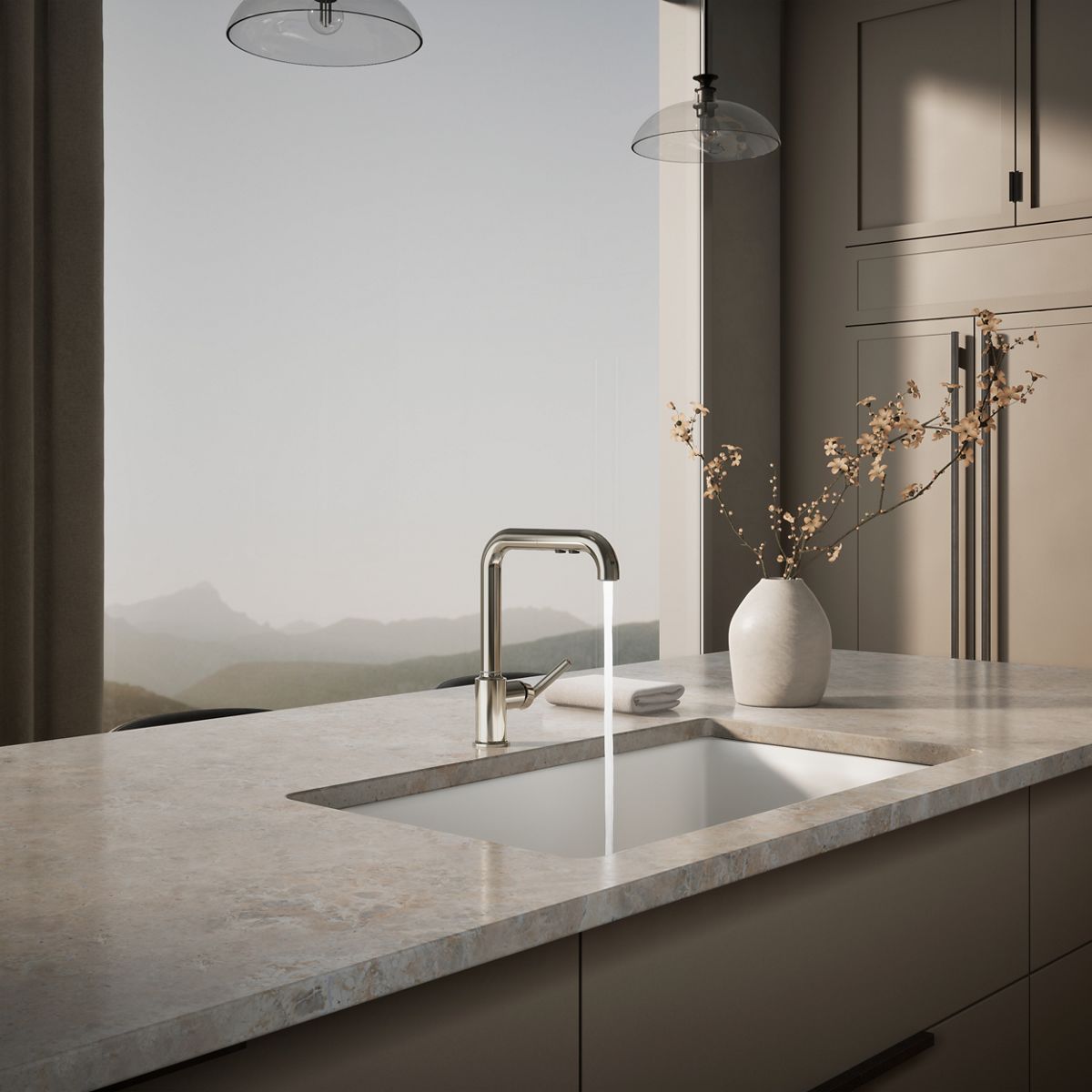 KOHLER Purist Pull-out kitchen sink faucet with three-function sprayhead
