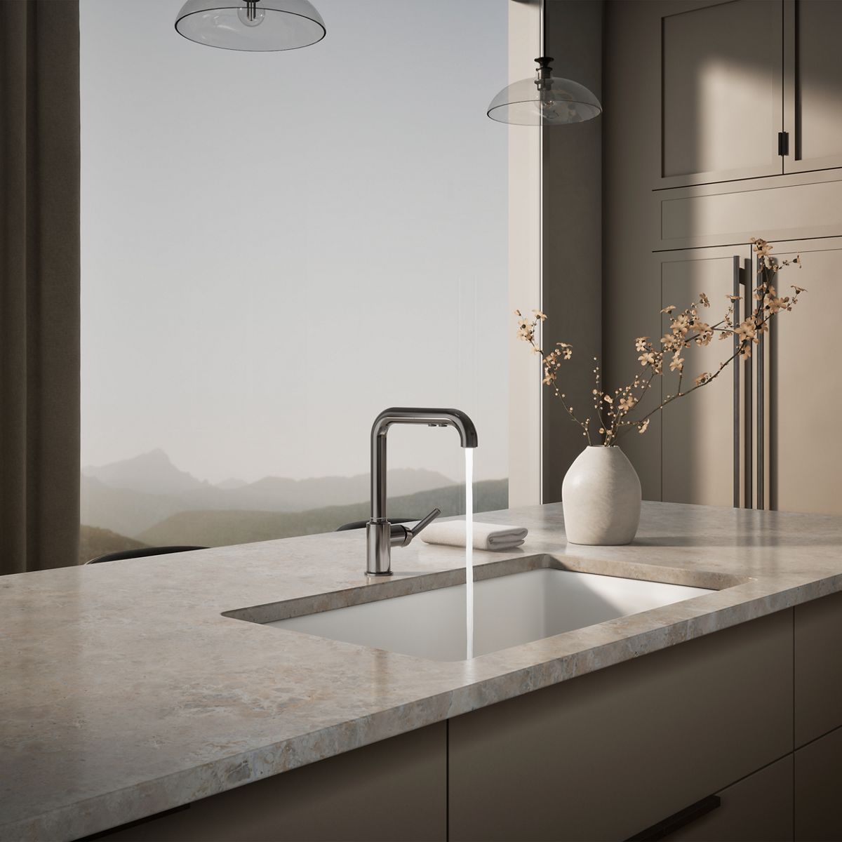 KOHLER Purist Pull-out kitchen sink faucet with three-function sprayhead