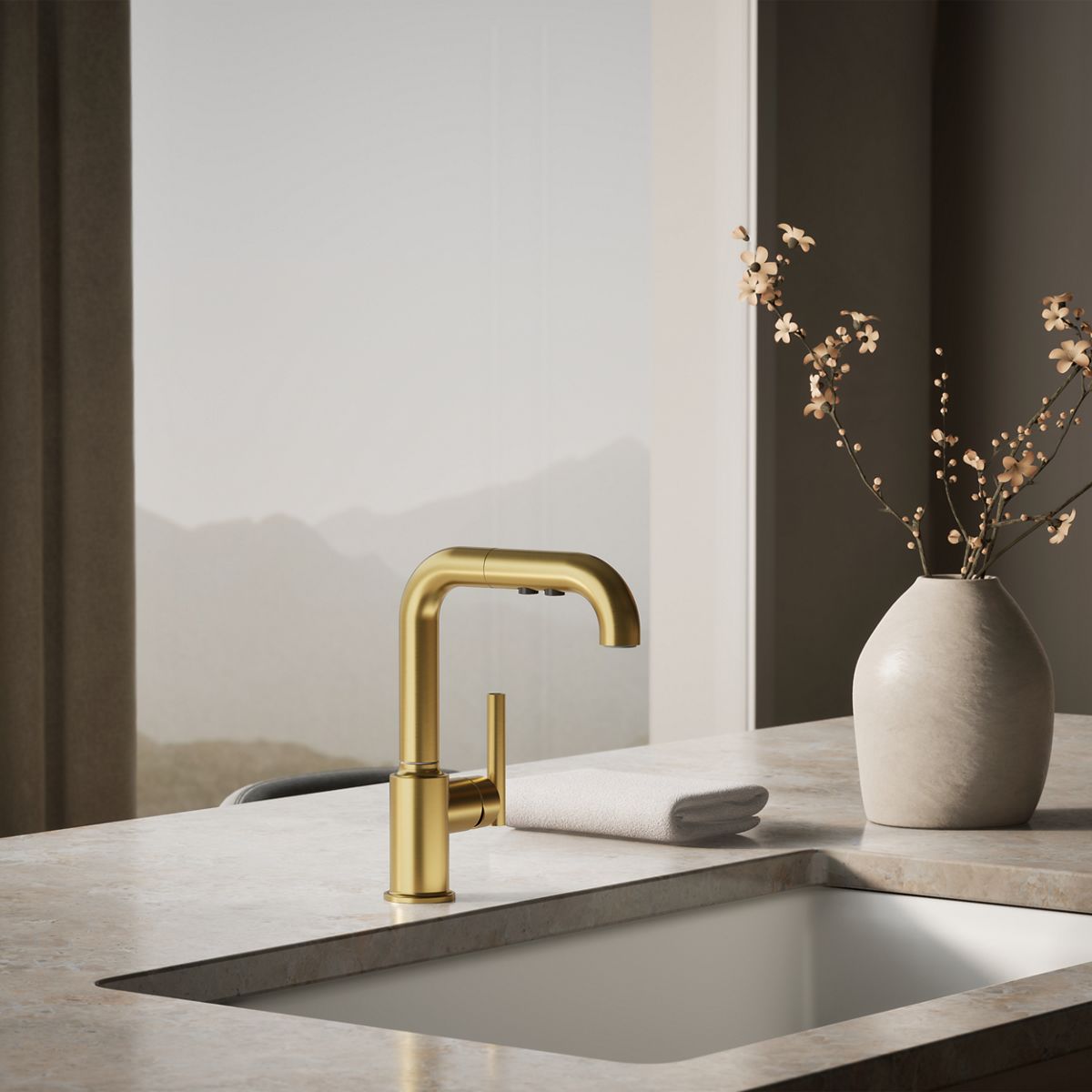 KOHLER Purist Pull-out kitchen sink faucet with three-function sprayhead