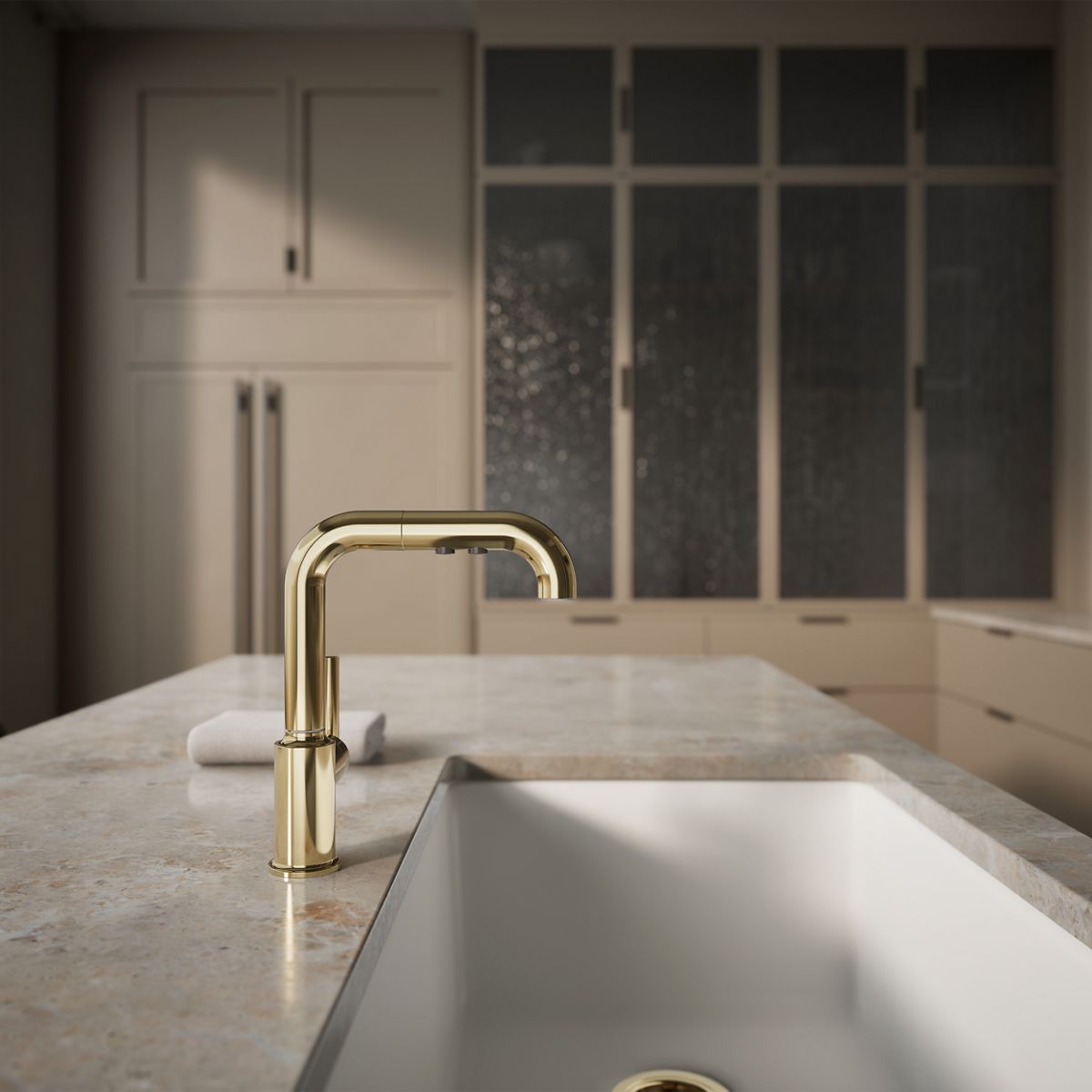 KOHLER Purist Pull-out kitchen sink faucet with three-function sprayhead
