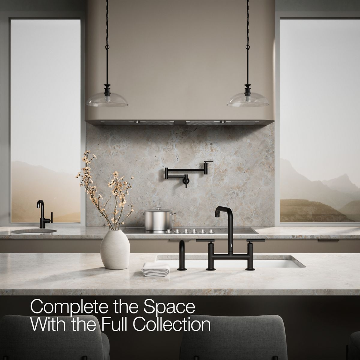 KOHLER Purist Two-hole bridge kitchen sink faucet with side sprayer