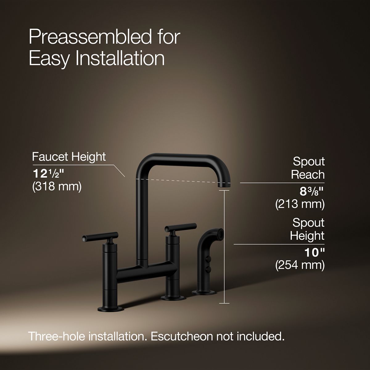 KOHLER Purist Two-hole bridge kitchen sink faucet with side sprayer
