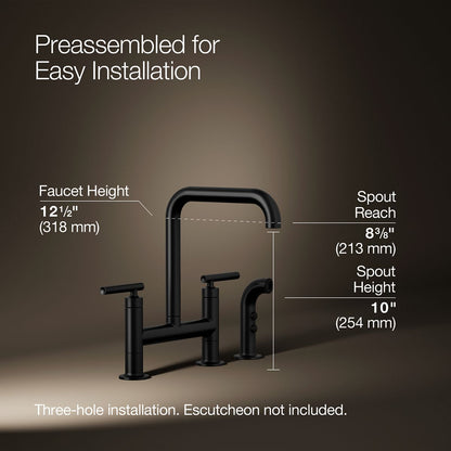 KOHLER Purist Two-hole bridge kitchen sink faucet with side sprayer