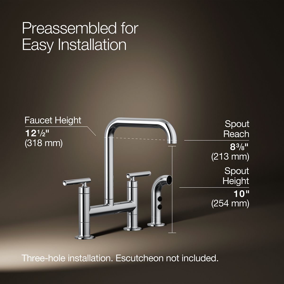 KOHLER Purist Two-hole bridge kitchen sink faucet with side sprayer