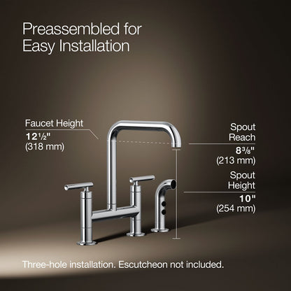 KOHLER Purist Two-hole bridge kitchen sink faucet with side sprayer