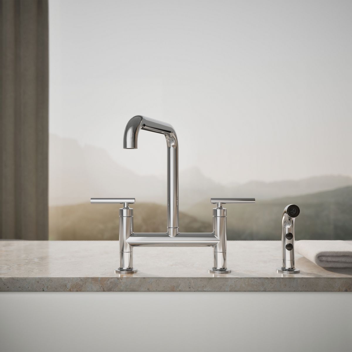 KOHLER Purist Two-hole bridge kitchen sink faucet with side sprayer