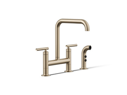 KOHLER Purist Two-hole bridge kitchen sink faucet with side sprayer