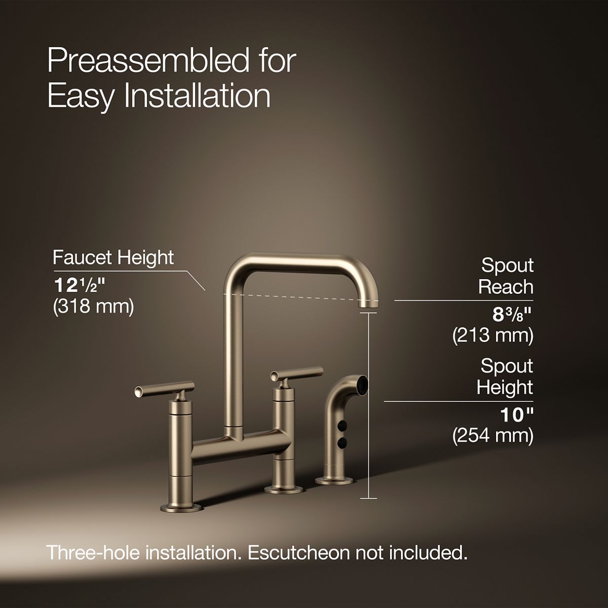 KOHLER Purist Two-hole bridge kitchen sink faucet with side sprayer