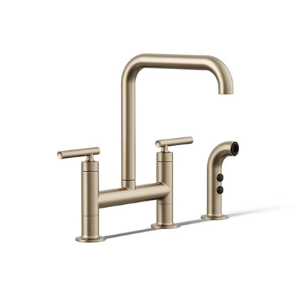 KOHLER Purist Two-hole bridge kitchen sink faucet with side sprayer