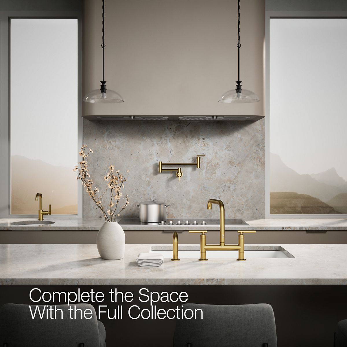 KOHLER Purist Two-hole bridge kitchen sink faucet with side sprayer