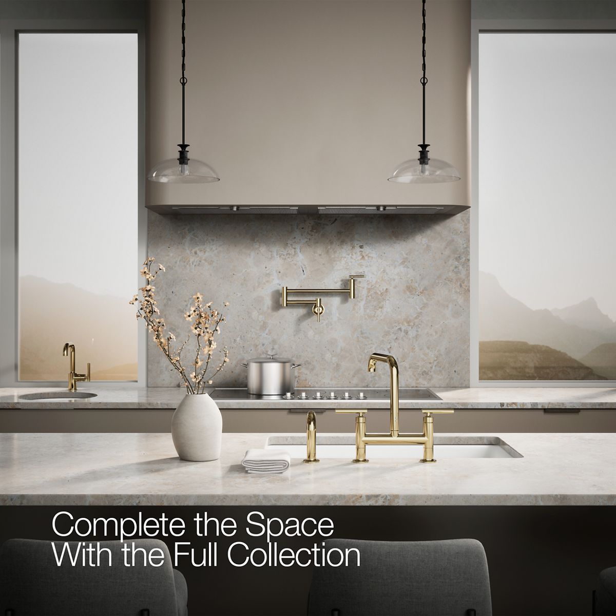 KOHLER Purist Two-hole bridge kitchen sink faucet with side sprayer