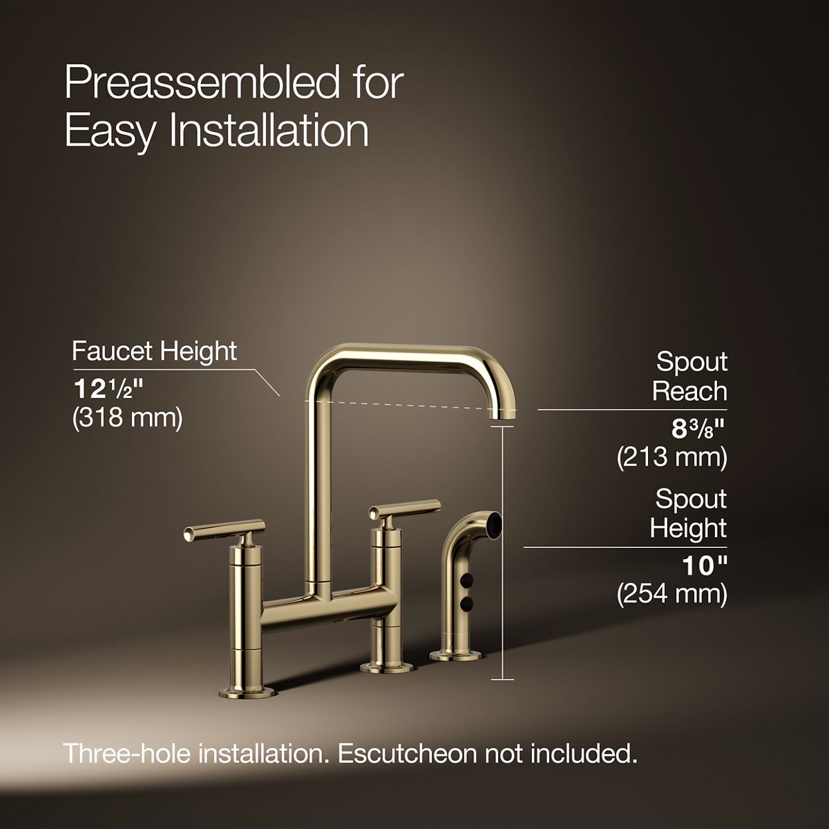 KOHLER Purist Two-hole bridge kitchen sink faucet with side sprayer
