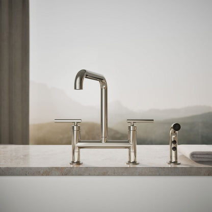 KOHLER Purist Two-hole bridge kitchen sink faucet with side sprayer