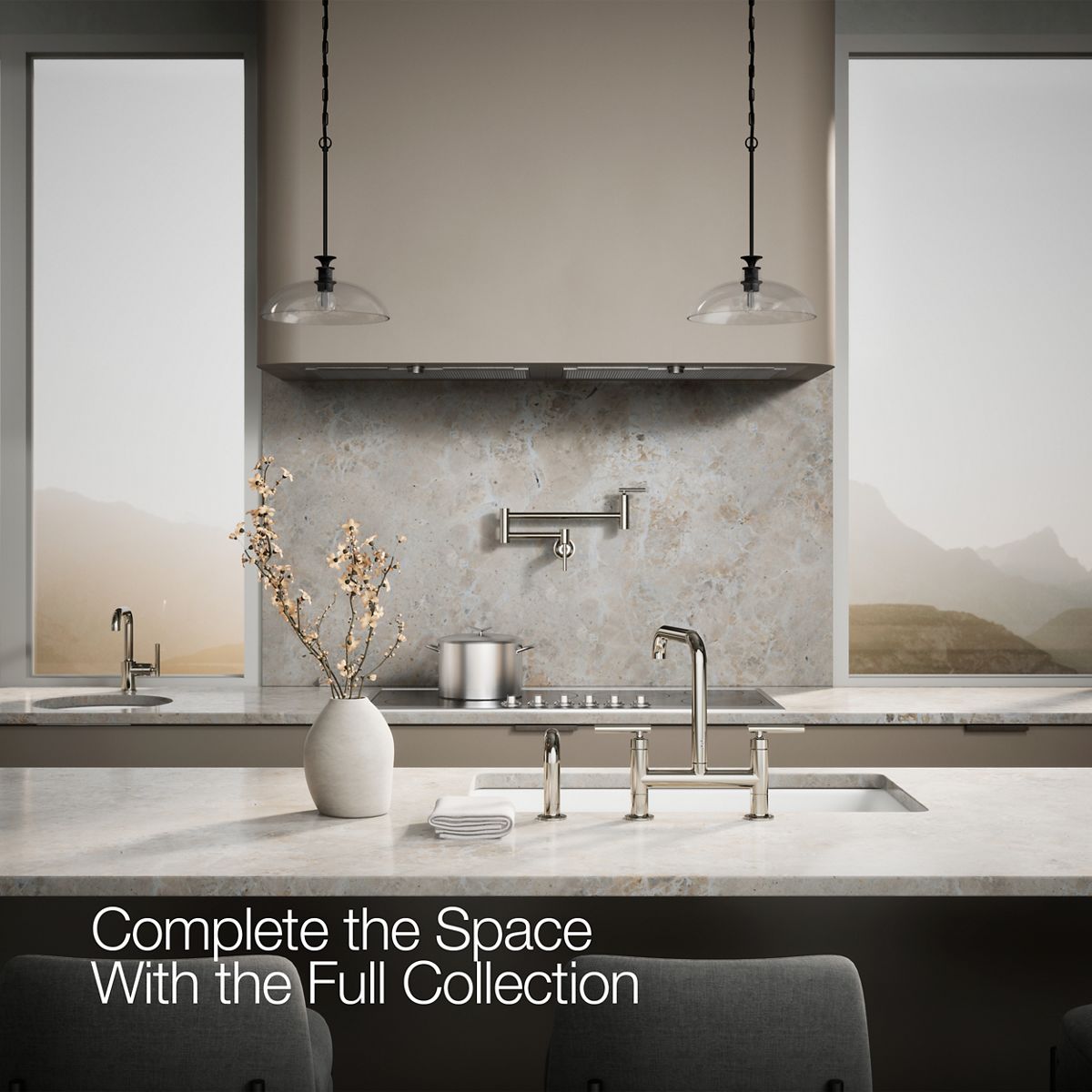 KOHLER Purist Two-hole bridge kitchen sink faucet with side sprayer
