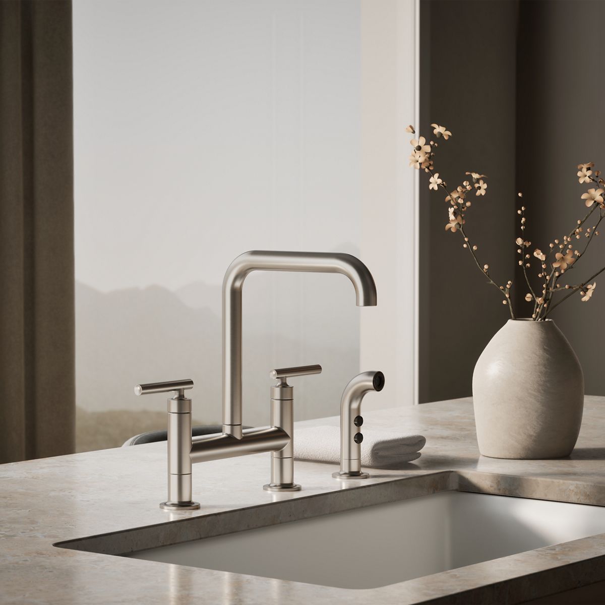 KOHLER Purist Two-hole bridge kitchen sink faucet with side sprayer