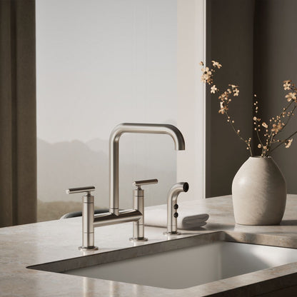 KOHLER Purist Two-hole bridge kitchen sink faucet with side sprayer