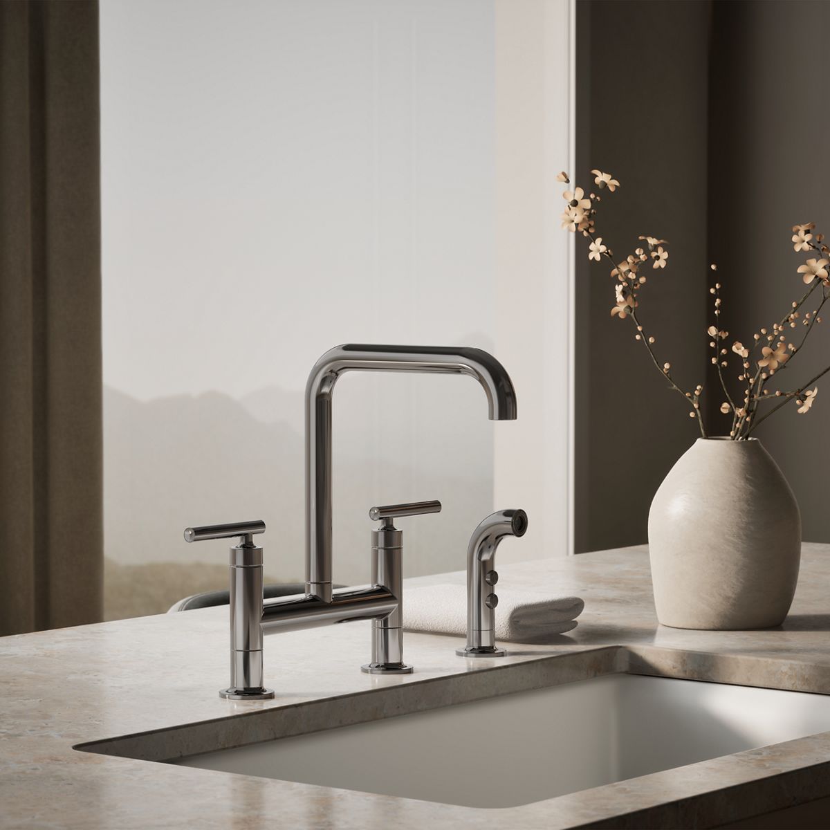 KOHLER Purist Two-hole bridge kitchen sink faucet with side sprayer