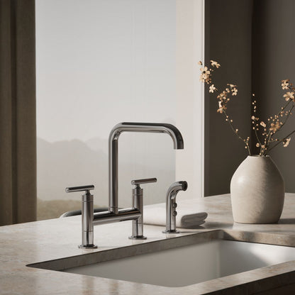 KOHLER Purist Two-hole bridge kitchen sink faucet with side sprayer