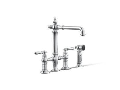 KOHLER K-76519-4 Artifacts Two-hole bridge kitchen sink faucet with side sprayer