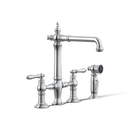 KOHLER K-76519-4 Artifacts Two-hole bridge kitchen sink faucet with side sprayer