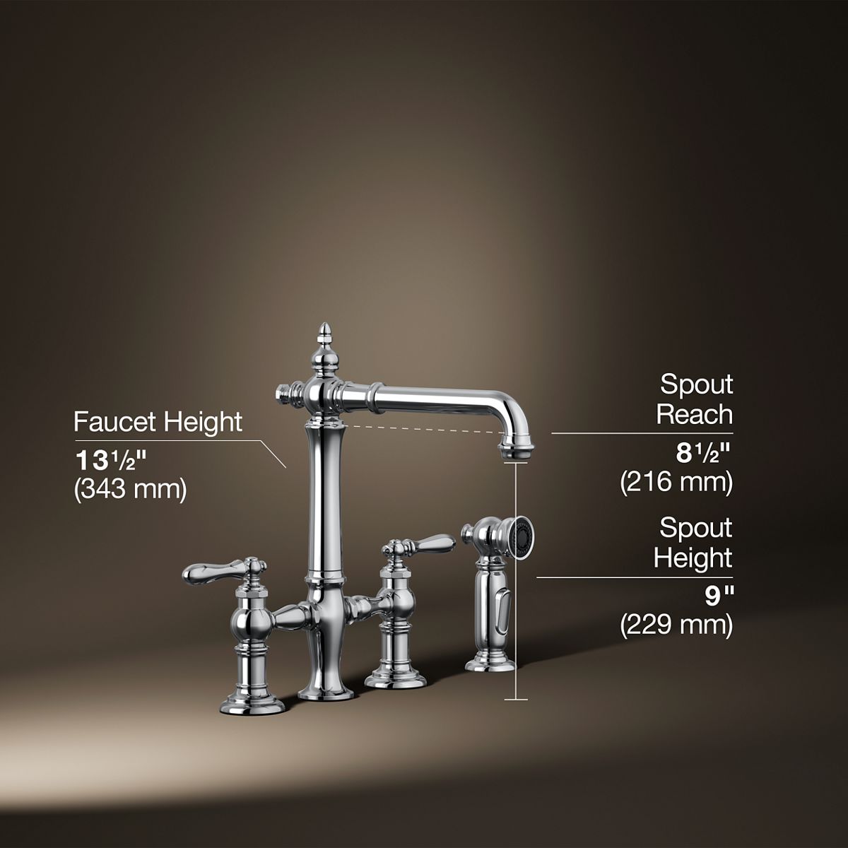 KOHLER K-76519-4 Artifacts Two-hole bridge kitchen sink faucet with side sprayer