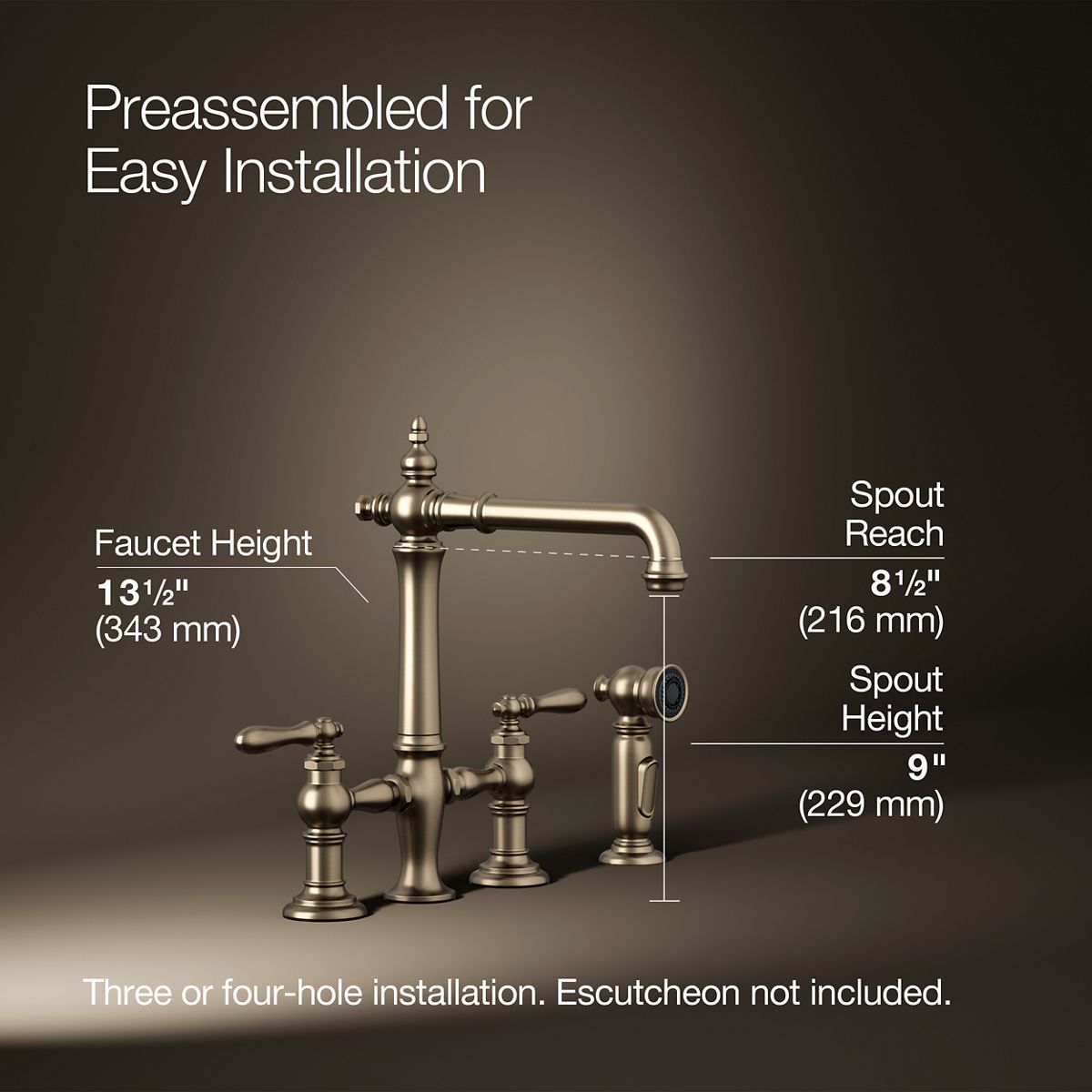 KOHLER K-76519-4 Artifacts Two-hole bridge kitchen sink faucet with side sprayer