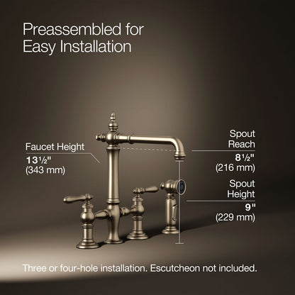 KOHLER K-76519-4 Artifacts Two-hole bridge kitchen sink faucet with side sprayer