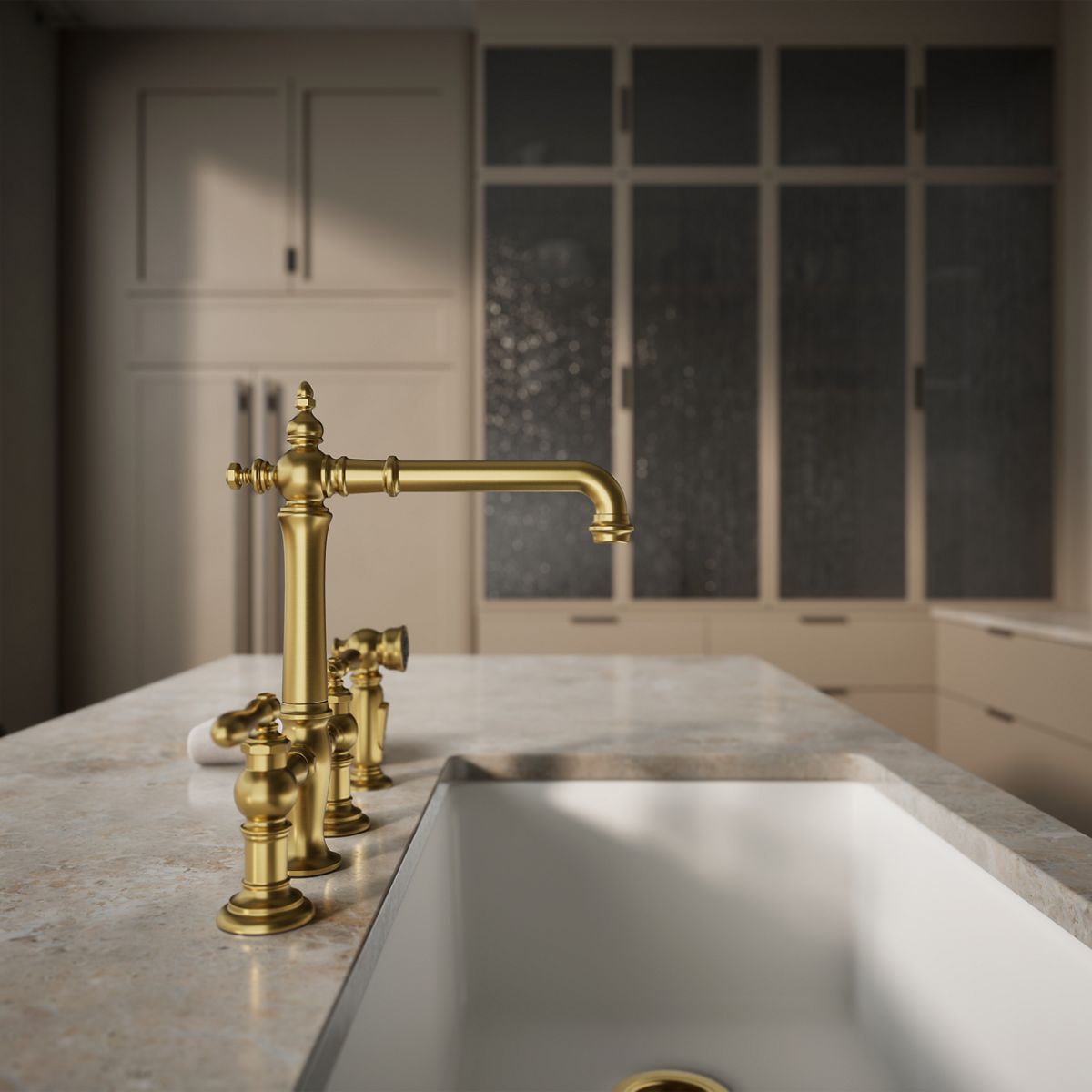 KOHLER K-76519-4 Artifacts Two-hole bridge kitchen sink faucet with side sprayer