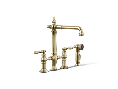 KOHLER K-76519-4 Artifacts Two-hole bridge kitchen sink faucet with side sprayer