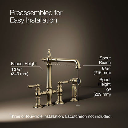 KOHLER K-76519-4 Artifacts Two-hole bridge kitchen sink faucet with side sprayer