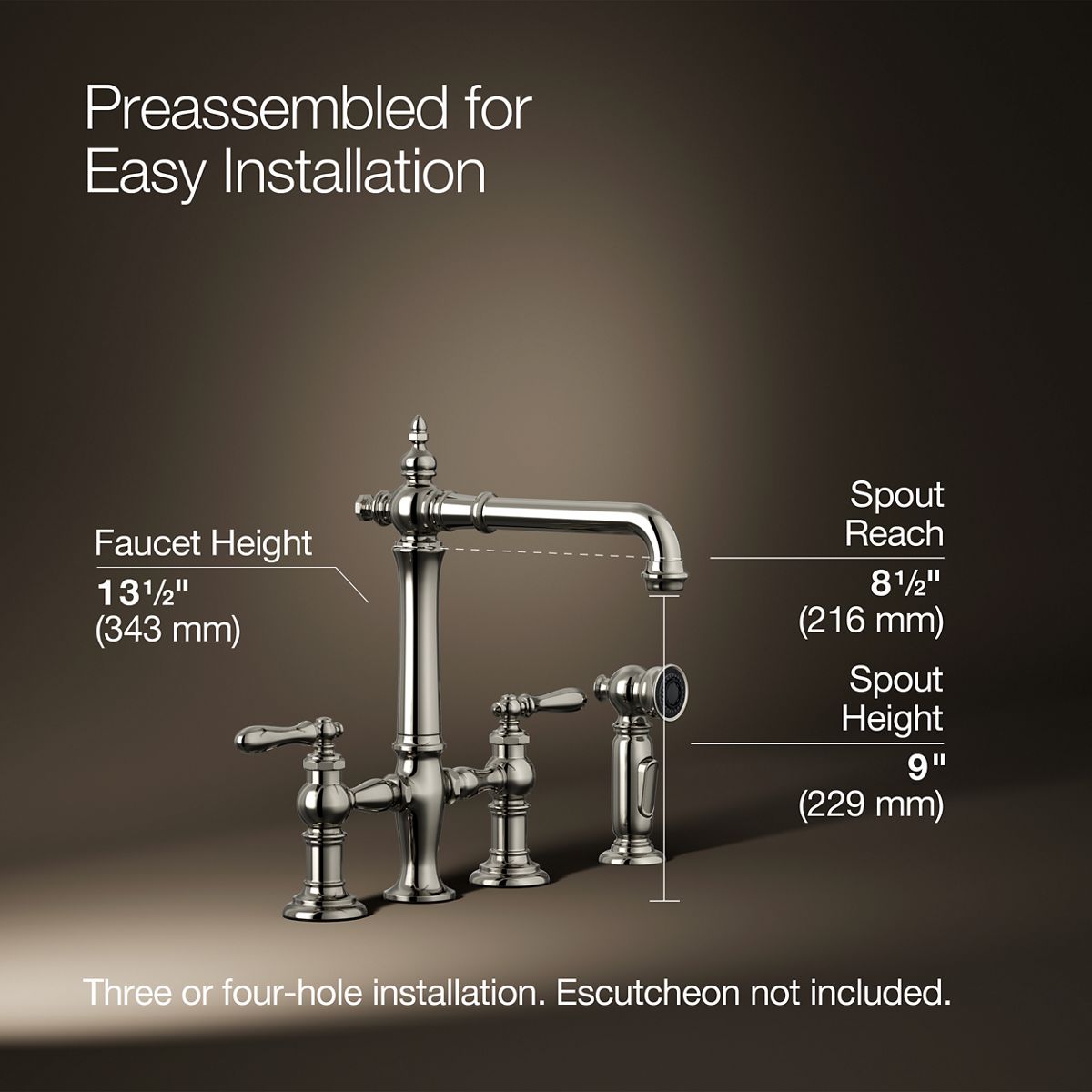 KOHLER K-76519-4 Artifacts Two-hole bridge kitchen sink faucet with side sprayer