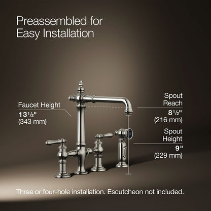 KOHLER K-76519-4 Artifacts Two-hole bridge kitchen sink faucet with side sprayer