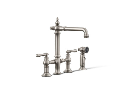 KOHLER K-76519-4 Artifacts Two-hole bridge kitchen sink faucet with side sprayer
