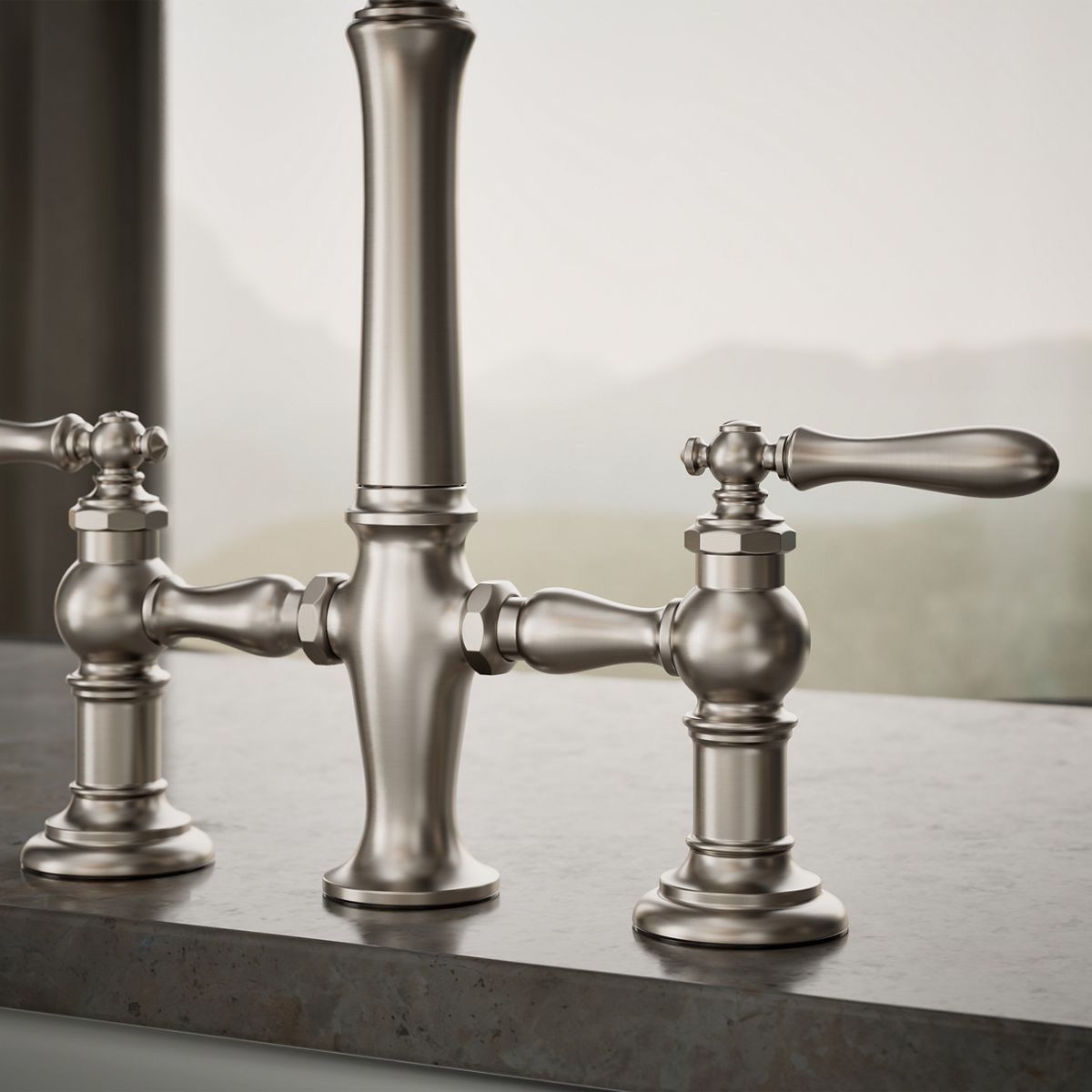 KOHLER K-76519-4 Artifacts Two-hole bridge kitchen sink faucet with side sprayer