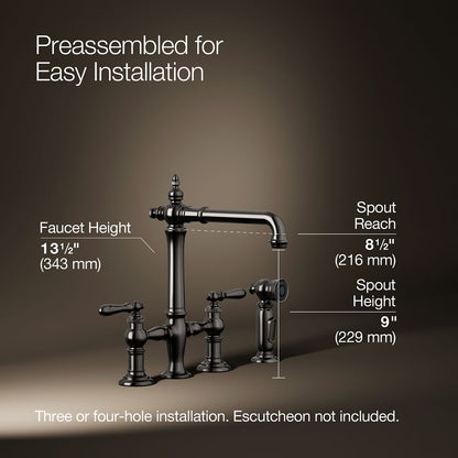 KOHLER K-76519-4 Artifacts Two-hole bridge kitchen sink faucet with side sprayer