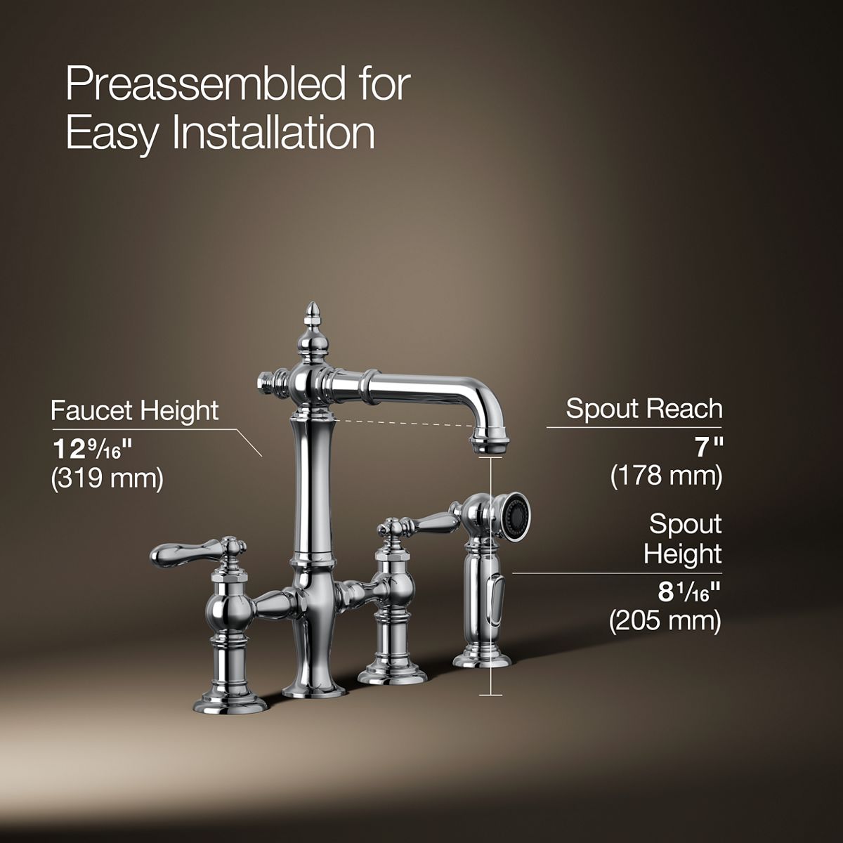 KOHLER K-76520-4 Artifacts Two-hole bridge bar sink faucet with side sprayer