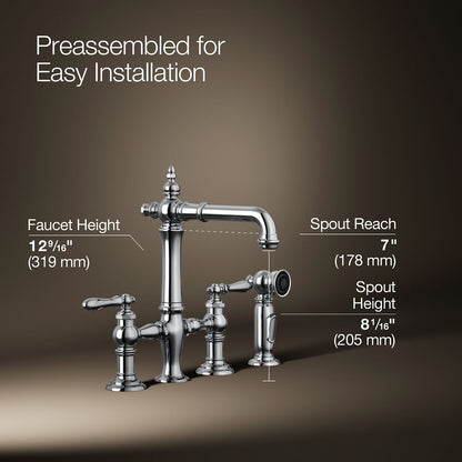 KOHLER K-76520-4 Artifacts Two-hole bridge bar sink faucet with side sprayer